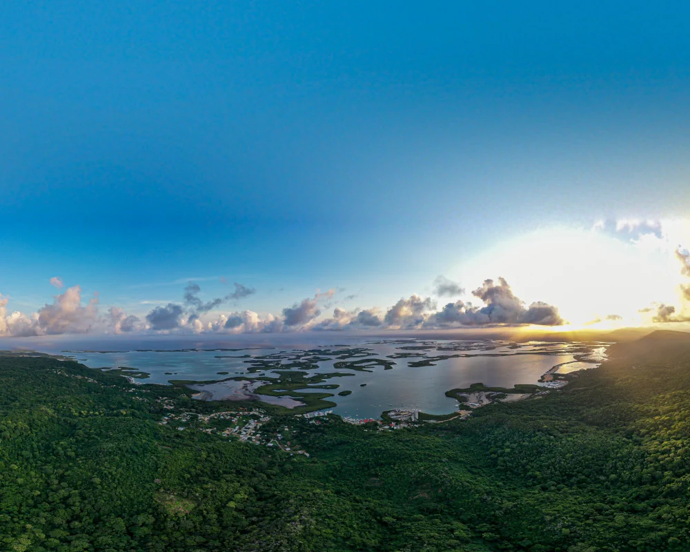 Vue aérienne panoramique sur les mangroves au coucher du soleil dans le parc national Morrocoy, au Venezuela