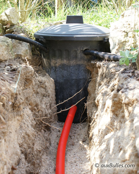 Le passage des différents tuyaux et de la gaine électrique en rouge au travers de la poubelle qui fait office de local technique Le passage des différents tuyaux et de la gaine électrique en rouge au travers de la poubelle qui fait office de local technique