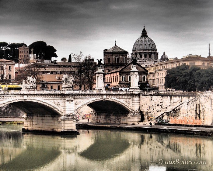 The city of Rome with its architecture, the Tiber River and St. Peter’s Basilica in the background