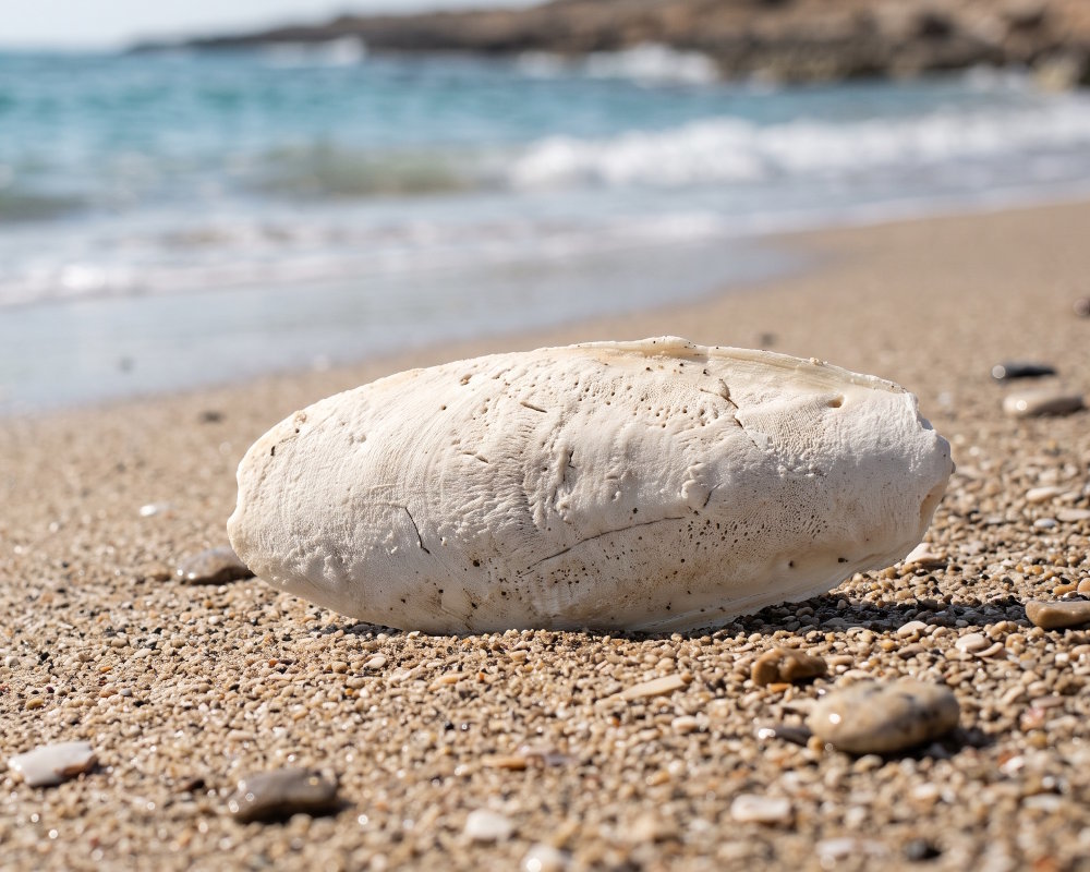 A cuttlebone lying on the sand of a beach A cuttlebone lying on the sand of a beach