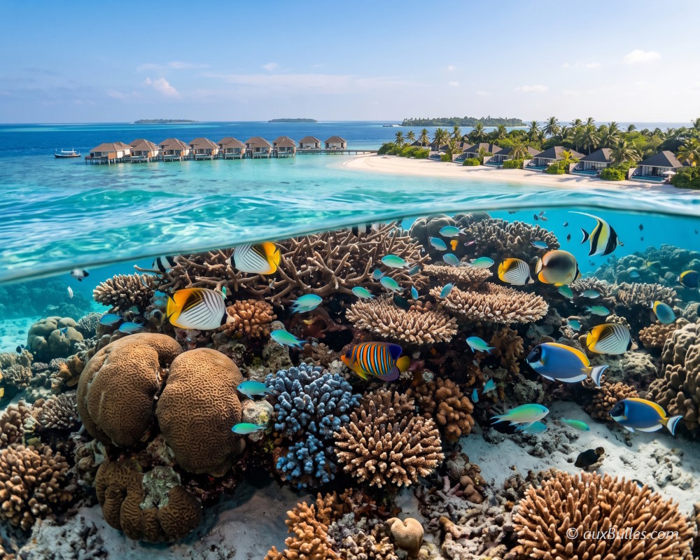 Sous la surface, le snorkeling permet d'explorer la richesse de la faune marine des récifs coralliens des Maldives, directement accessibles depuis les villas sur pilotis et les plages de l'île-hôtel Sous la surface, le snorkeling permet d'explorer la richesse de la faune marine des récifs coralliens des Maldives, directement accessibles depuis les villas sur pilotis et les plages de l'île-hôtel