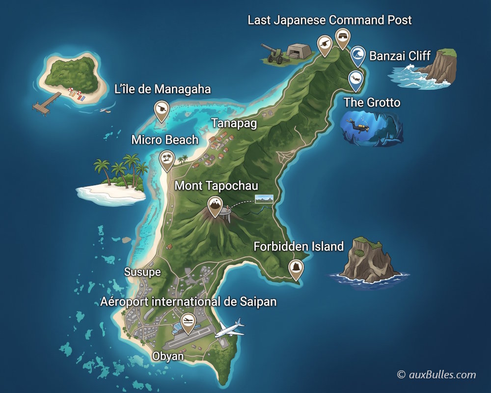 Carte de l'île de Saipan avec les principaux points d'intérêt Carte de l'île de Saipan avec les principaux points d'intérêt