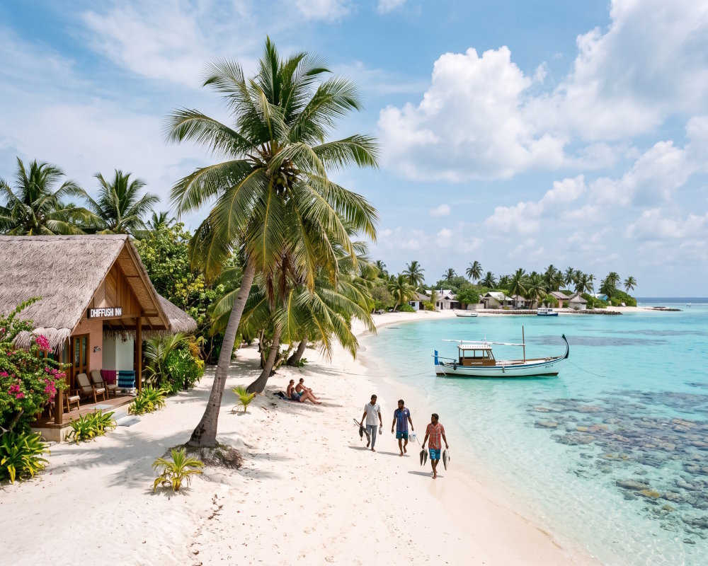 Guesthouse sur une île locale des Maldives, entre plage de sable blanc et lagon turquoise