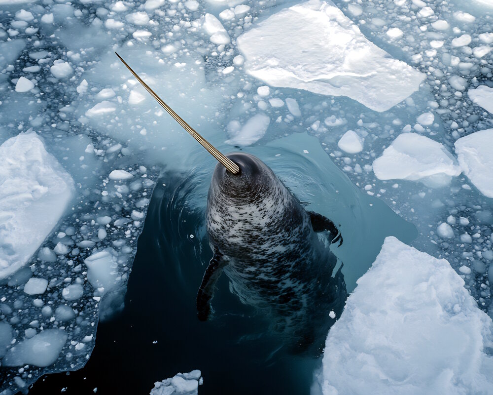 Un narval évoluant à travers les eaux glacées de l'Arctique émerge à la surface avec sa défense caractéristique Un narval évoluant à travers les eaux glacées de l'Arctique émerge à la surface avec sa défense caractéristique