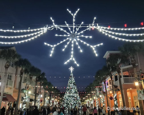 The majestic Christmas tree stands on the illuminated Market Street, in the heart of Celebration