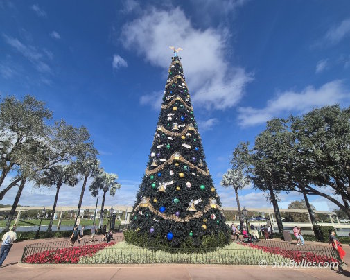 The majestic Christmas tree stands in the middle of Disney's EPCOT park in Orlando