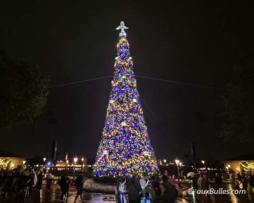 At nightfall, the majestic Christmas tree at Disney's EPCOT park lights up brilliantly