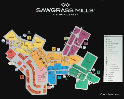 Le plan de Sawgrass Mills avec ses différentes zones et leur couleur associée