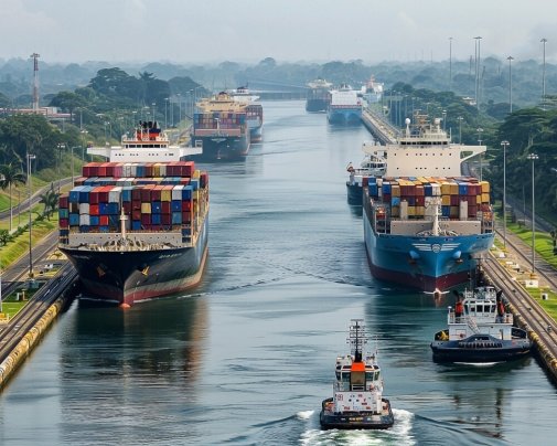 Des navires porte-conteneurs naviguent à travers les écluses du canal de Panama Des navires porte-conteneurs naviguent à travers les écluses du canal de Panama
