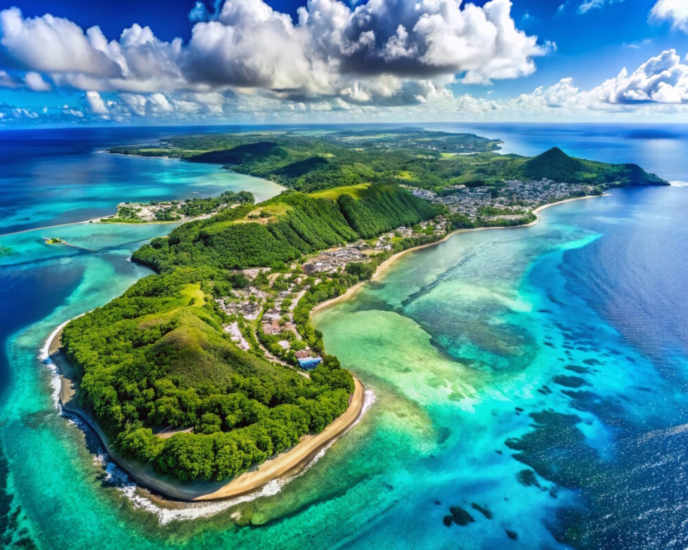 Vue aérienne panoramique de l'île de Guam avec sa végétation luxuriante et ses eaux turquoise Vue aérienne panoramique de l'île de Guam avec sa végétation luxuriante et ses eaux turquoise