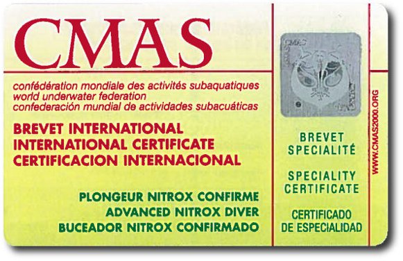 La carte CMAS de plongeur Nitrox confirmé La carte CMAS de plongeur Nitrox confirmé