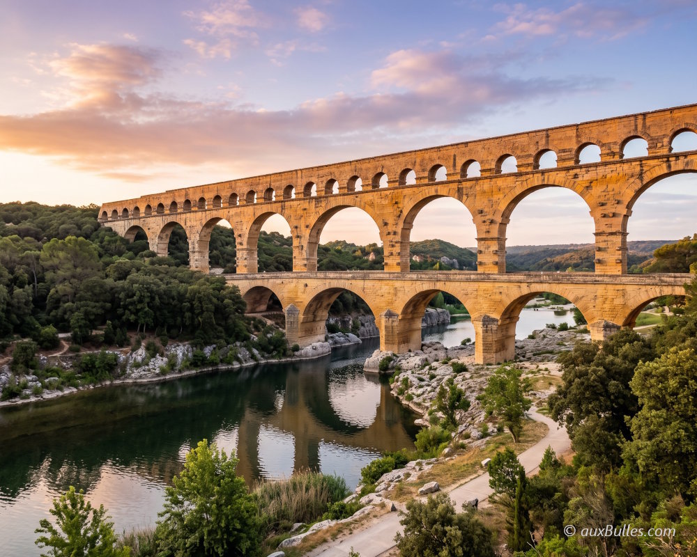 Le Pont du Gard au coucher du soleil, l'aqueduc romain dominant le Gardon au cœur d'un environnement naturel préservé