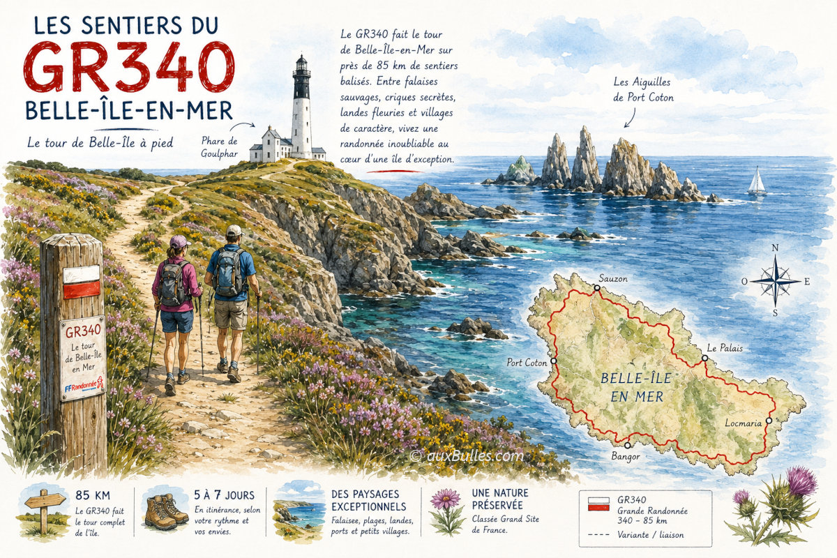 Les sentiers côtiers du GR340 à Belle-Île-en-Mer dévoilent des paysages spectaculaires entre falaises sauvages, landes bretonnes et panoramas exceptionnels sur l'océan Atlantique Les sentiers côtiers du GR340 à Belle-Île-en-Mer dévoilent des paysages spectaculaires entre falaises sauvages, landes bretonnes et panoramas exceptionnels sur l'océan Atlantique