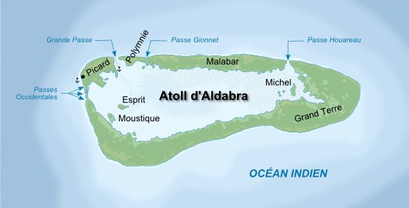La carte de l'atoll d'Aldabra perdu au milieu de l'océan Pacifique