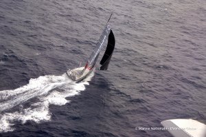 Vue aérienne du monocoque Queguiner-Leucemie Espoir, skipper Yann Elies (FRA), au large des iles du Cap Vert Islands le 12 Novembre 2016