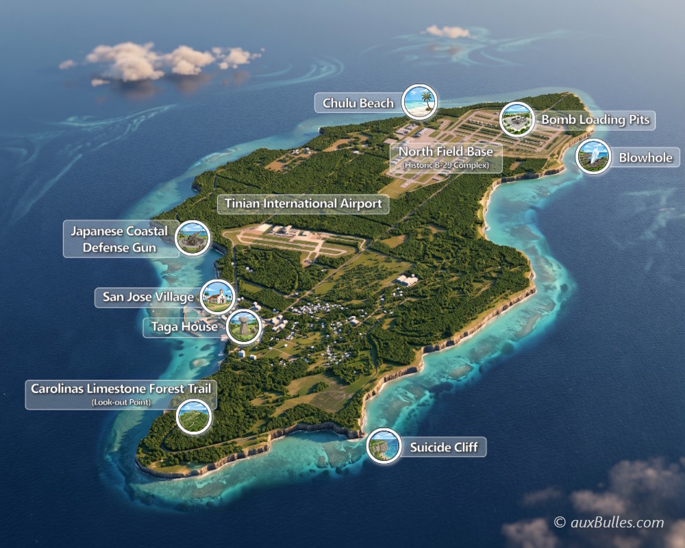 Carte de l'île de Tinian avec les principaux points d'intérêt Carte de l'île de Tinian avec les principaux points d'intérêt