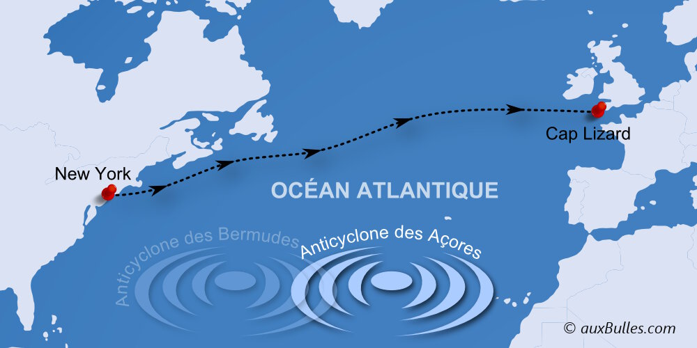 La carte du parcours du record de la traversée de l'Atlantique Nord à la voile La carte du parcours du record de la traversée de l'Atlantique Nord à la voile