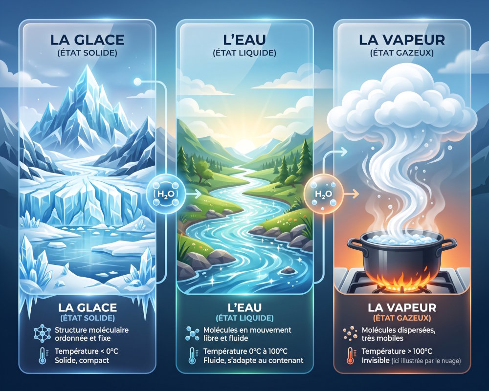 L'eau existe sous trois états : liquide, solide sous forme de glace et gazeux sous forme de vapeur d'eau L'eau existe sous trois états : liquide, solide sous forme de glace et gazeux sous forme de vapeur d'eau